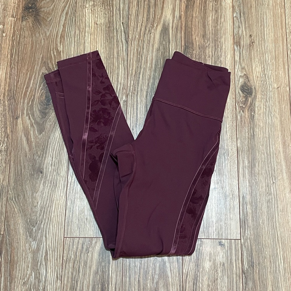Lululemon Maroon High-Waisted Floral Mesh Trim Leggings